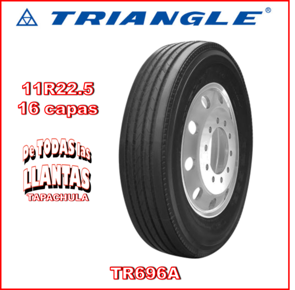 "Llanta direccional para camión TRIANGLE TR696A medida 11R22.5 TL 16 146/143M, ideal para rutas largas con excelente estabilidad y desgaste uniforme."