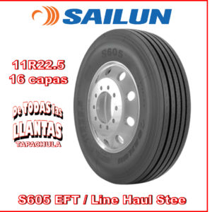 Llanta para camión Sailun S605 EFT 11R22.5 TL 16 146/143M. Desempeño confiable, eficiente y seguro, ideal para transporte en carreteras pavimentadas. Adquiérela en Tapachula.