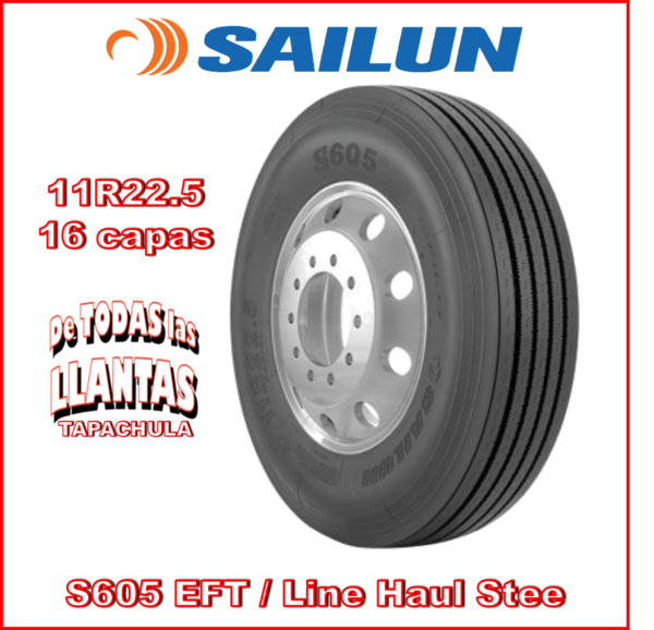Llanta para camión Sailun S605 EFT 11R22.5 TL 16 146/143M. Desempeño confiable, eficiente y seguro, ideal para transporte en carreteras pavimentadas. Adquiérela en Tapachula.