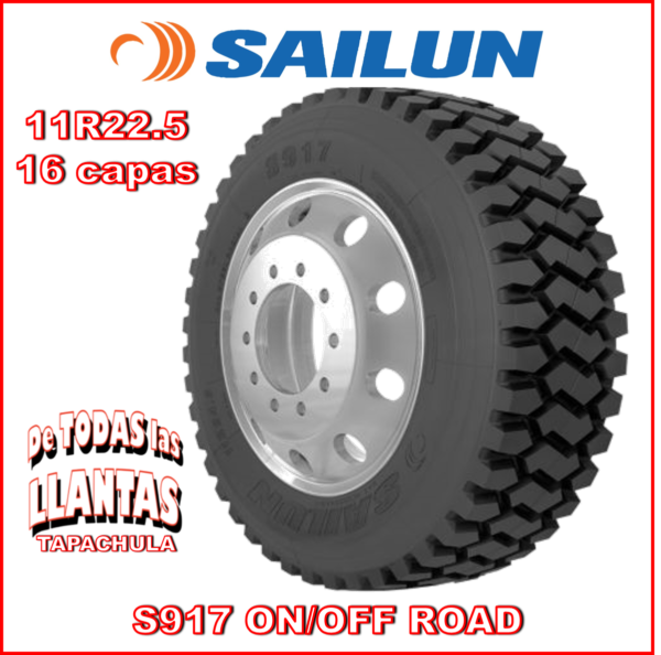 Llanta Sailun S917 11R22.5 OFF-ROAD para camión, diseñada para terrenos difíciles.
