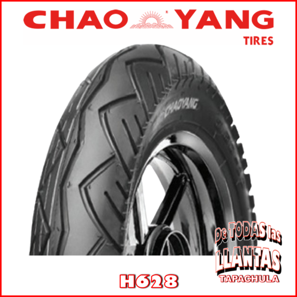 Llanta Chaoyang H628 3.50-10 TT 4 51J para scooters y motocicletas pequeñas, con diseño de banda de rodadura optimizado para excelente agarre y estabilidad.