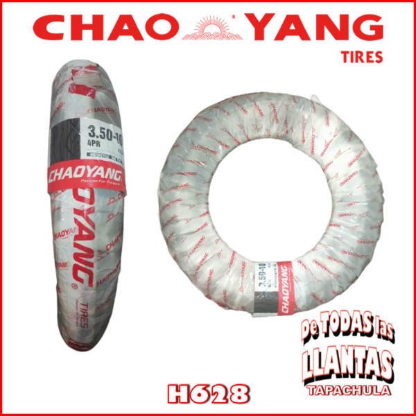 Llanta Chaoyang H628 3.50-10 TT 4 51J para scooters y motocicletas pequeñas, con diseño de banda de rodadura optimizado para excelente agarre y estabilidad.