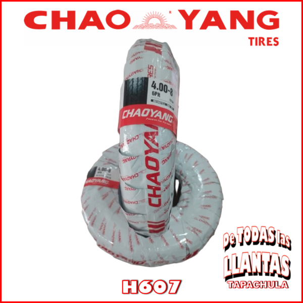 Llanta Chaoyang H607 4.00-8 TT 6PR 59J, ideal para mototaxis y triciclos de carga, con excelente